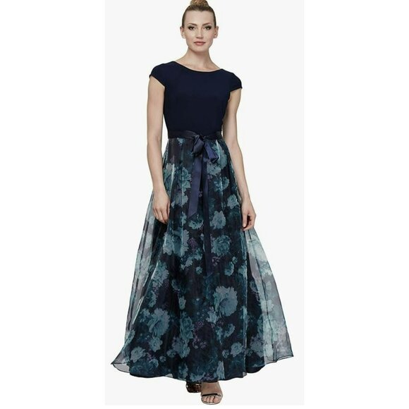 SLNY Floral Organza Skirt Formal Gown Maxi Dress Navy Size 14 NWT